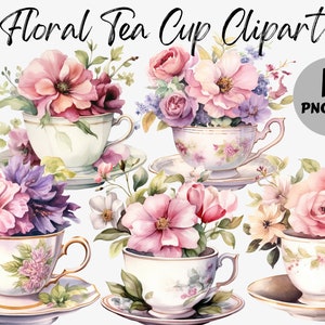 Pacchetto Clipart tazza di tè floreale / sublimazione tazza di tè floreale / grafica tè retrò / tazza di tè floreale PNG / uso commerciale / tè pomeridiano PNG