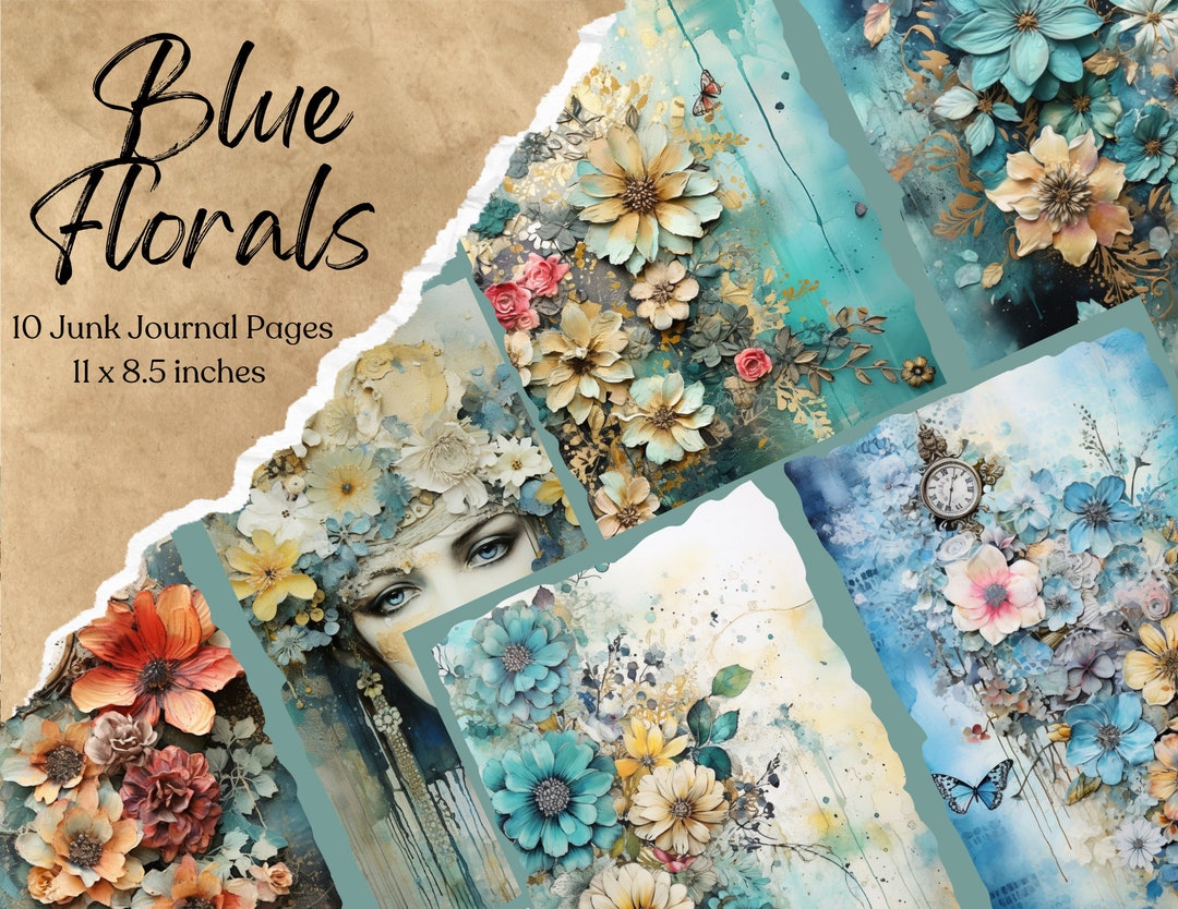 Blue Floral Shabby Junk Journal Pages Vintage Printable Paper Collage ...