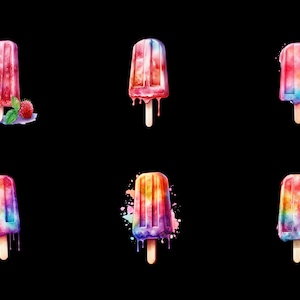 May include: Six watercolor popsicles on a black background. Three popsicles are red, pink, and purple with a raspberry on top. Three popsicles are rainbow colored with blue, green, yellow, orange, and red.