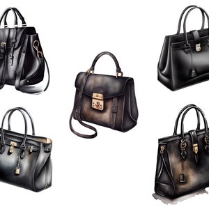 May include: Five different styles of black leather handbags with gold hardware. The handbags have various shapes and sizes, with some featuring a strap.