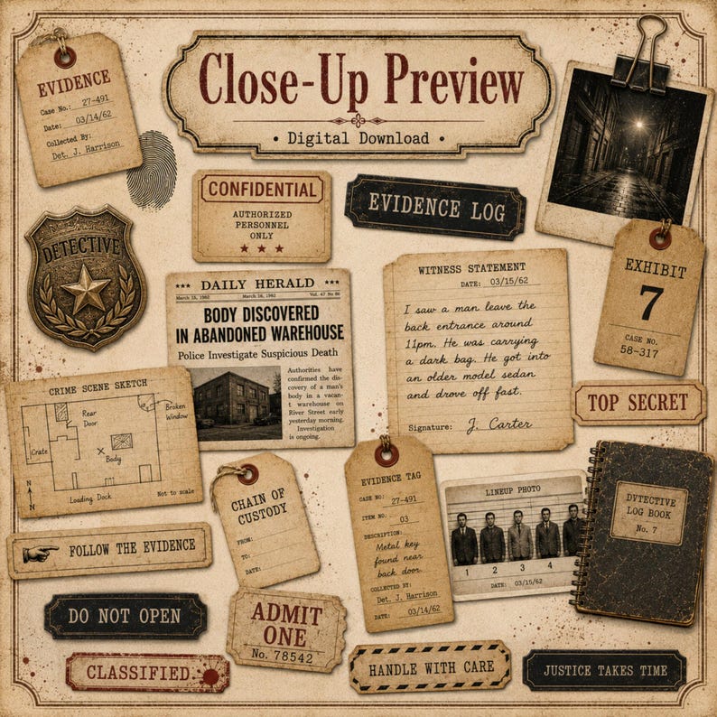 True Crime Junk Journal Ephemera Kit, Vintage Detective Case File Tags, Evidence Labels, Fussy Cuts, Printable Noir Paper Crafting Download image 4