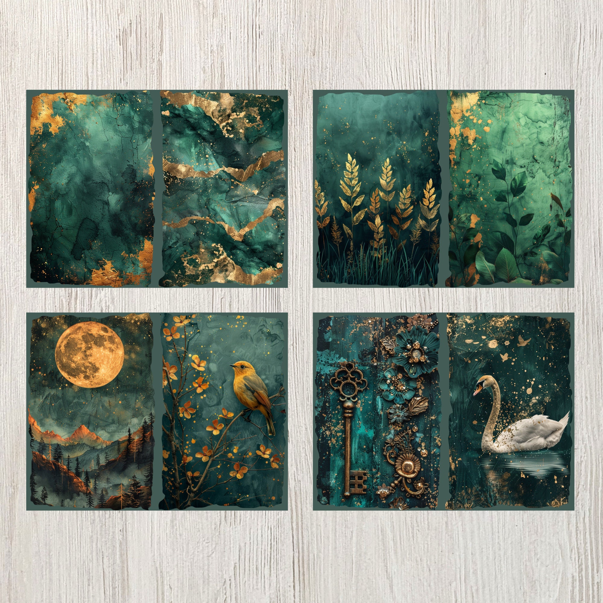 Emerald and Gold Mixed Media Junk Journal Pages | Digital Papers ...