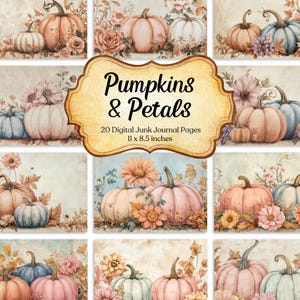 Blommig pumpa skräpjournal, höst digitalt papperspaket, pastellfärgat pumpa scrapbook utskrivbart kit, höstens efemera, rustika pysselsidor