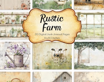 May include: A digital collage of 20 rustic farm themed journal pages. The pages feature images of a rooster, cows, a farmhouse, a swing, and flowers. The text "Rustic Farm" is displayed in a vintage style font. The pages are 11 x 8.5 inches.