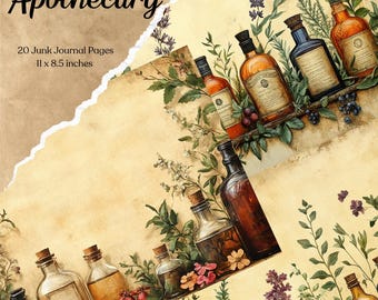 May include: 20 Junk Journal Pages, 11 x 8.5 inches.  A collage of vintage apothecary bottles filled with colorful liquids, surrounded by green and purple herbs and flowers. The bottles are arranged on a shelf with a rustic wooden background.