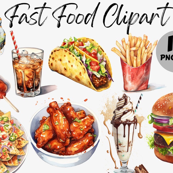 Watercolor Fast Food Clipart PNG Bundle | Hamburger | Hotdog | Pizza | Fries | Sushi | Milkshake | Soda | Instant Download | Commercial Use