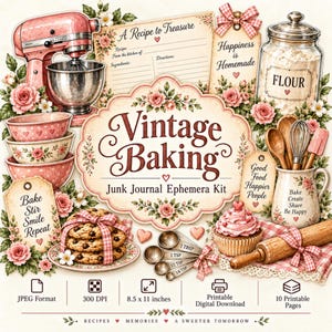 Può includere: Un kit digitale di efemere per junk journal con una planetaria rosa, ciotole, un barattolo di farina, misurini, un mattarello e biscotti. Il testo include: Vintage Baking, A Recipe to Treasure, Happiness is Homemade, Bake Stir Smile Repeat.