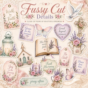May include: A collection of die-cut paper ephemera featuring floral and religious motifs, including a lantern, a church, an open book, butterflies, a dove, and heart-shaped tags with text such as Walk by Faith, Grace for this moment, and Be Still.