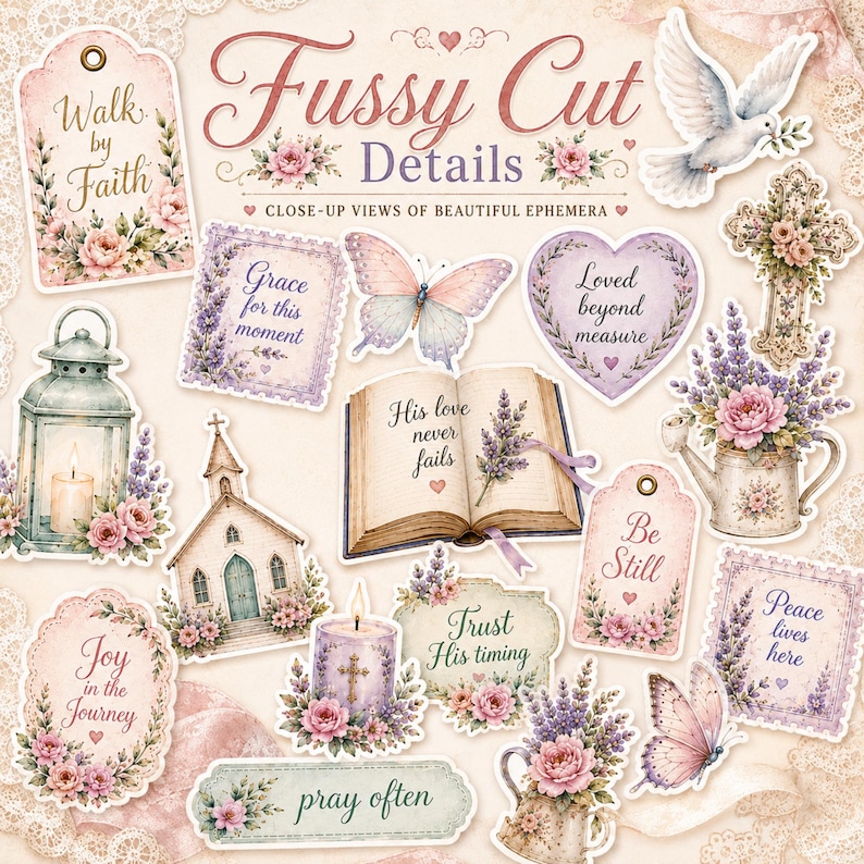 May include: A collection of die-cut paper ephemera featuring floral and religious motifs, including a lantern, a church, an open book, butterflies, a dove, and heart-shaped tags with text such as Walk by Faith, Grace for this moment, and Be Still.
