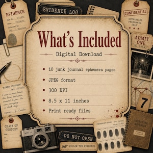 May include: A digital download set featuring 10 junk journal ephemera pages in JPEG format at 300 DPI. The central beige sign lists specifications including 8.5 x 11 inches and print ready files, surrounded by detective-themed paper items.