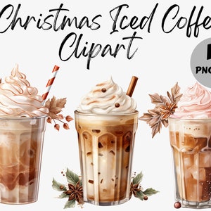 Clipart di caffè ghiacciato di Natale ad acquerello / PNG di Natale / Sublimazione / Uso commerciale / Buon Natale / Clipart di caffè / PNG di caffè