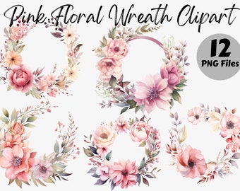 Watercolor Pink Floral Wreath Clipart | Floral Wreath Digital Images | Watercolor Floral Wreath Graphics | Floral Wreath PNG | Instant File