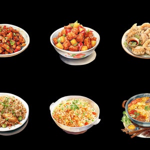 Pode incluir: Uma variedade de pratos chineses, incluindo arroz frito, porco agridoce, bolinhos e uma panela quente com vegetais e carne.
