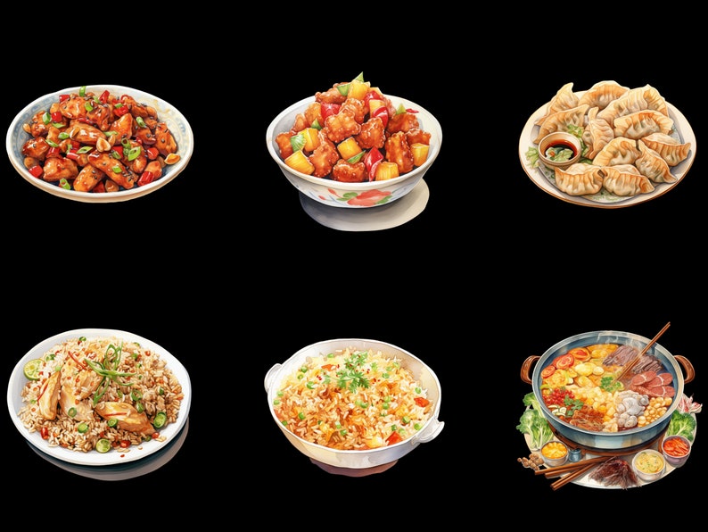 Pode incluir: Uma variedade de pratos chineses, incluindo arroz frito, porco agridoce, bolinhos e uma panela quente com vegetais e carne.