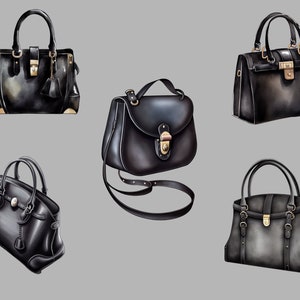 May include: Five black leather handbags with gold hardware. The handbags have different styles and sizes.
