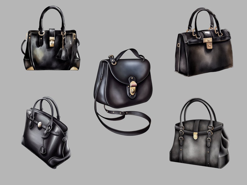 May include: Five black leather handbags with gold hardware. The handbags have different styles and sizes.