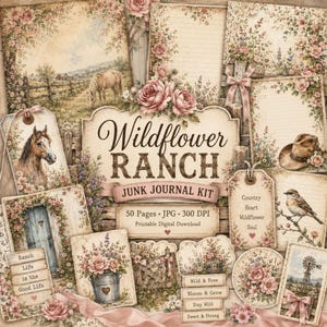 May include: A Wildflower Ranch junk journal kit featuring printable digital pages with floral motifs, horses, a cowboy hat, and a bird. The text includes Wildflower RANCH, JUNK JOURNAL KIT, 50 Pages, JPG, 300 DPI, and Country Heart Wildflower Soul.