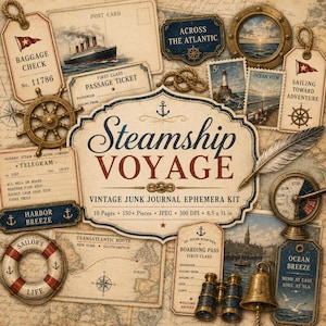 Puede incluir: Un kit de efímera digital titulado Steamship Voyage que presenta elementos náuticos vintage, incluyendo etiquetas de equipaje, postales, un billete de pasaje, una tarjeta de embarque, un salvavidas, binoculares, un timón, una campana y una brújula sobre un mapa.