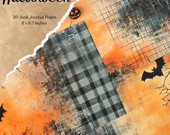 May include: A digital collage of Halloween themed papers with orange, black, and white colors. The papers feature a checkered pattern, a grid pattern, and a spiderweb design. The text "Halloween" and "20 Junk Journal Pages 11 x 8.5 inches" is visible in the image.
