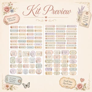 Positive Quotes Junk Journal Ephemera Kit, Vintage Feminine Tags, Labels, Stamps, Journal Cards, Word Strips, Printable JPEG Download Bundle image 3