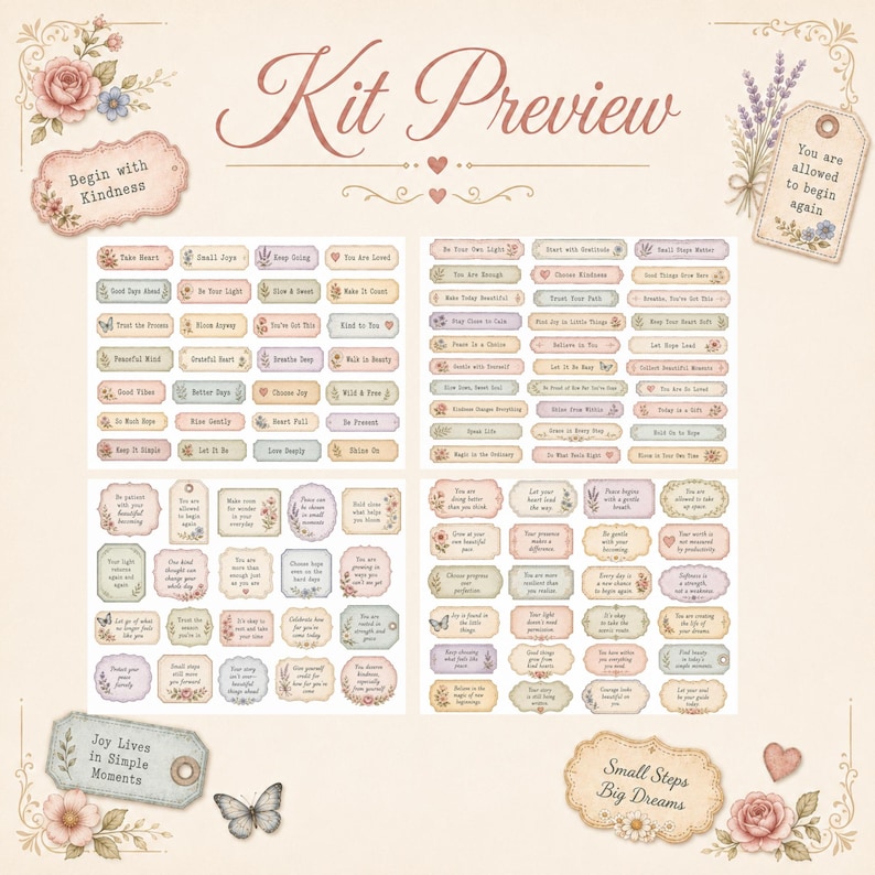Positive Quotes Junk Journal Ephemera Kit, Vintage Feminine Tags, Labels, Stamps, Journal Cards, Word Strips, Printable JPEG Download Bundle image 3