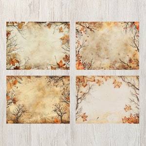 May include: Four digital scrapbook paper backgrounds with a vintage, autumnal theme. Each background features a faded, textured paper with brown and orange leaves and branches.