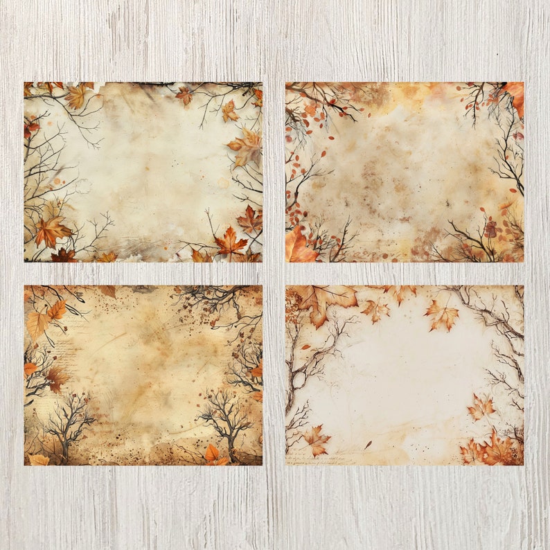 May include: Four digital scrapbook paper backgrounds with a vintage, autumnal theme. Each background features a faded, textured paper with brown and orange leaves and branches.