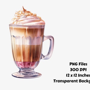 May include: A watercolor illustration of a tall glass of iced coffee with whipped cream and caramel drizzle. The coffee is layered with a light brown, dark brown, and pink layer. The glass has a clear base and a handle.