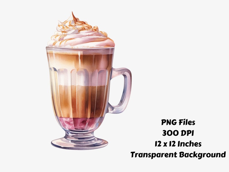 May include: A watercolor illustration of a tall glass of iced coffee with whipped cream and caramel drizzle. The coffee is layered with a light brown, dark brown, and pink layer. The glass has a clear base and a handle.