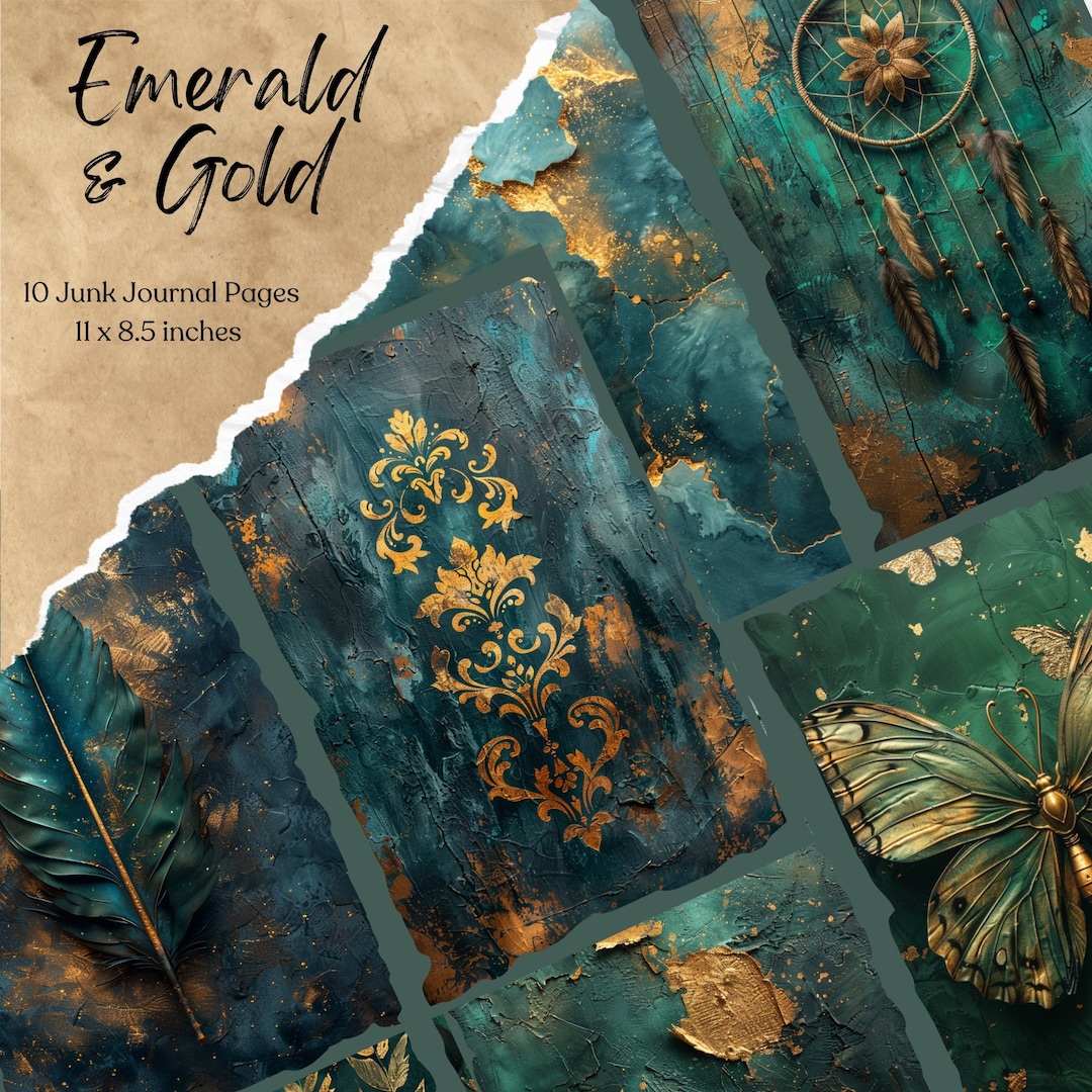 Emerald and Gold Mixed Media Junk Journal Pages | Digital Papers ...