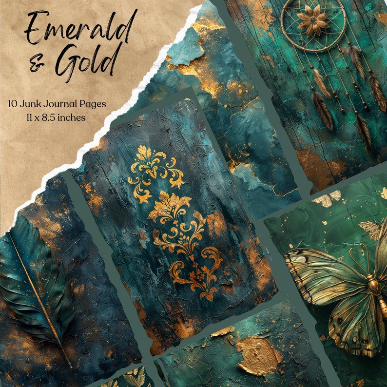 Emerald and Gold Mixed Media Junk Journal Pages | Digital Papers ...