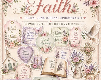 Faith Junk Journal Ephemera Kit, Christian Printable Tags, Labels and Word Strips, Floral Bible Journal Fussy Cuts, Scrapbook Supplies