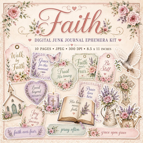 Faith Junk Journal Ephemera Kit, Christian Printable Tags, Labels and Word Strips, Floral Bible Journal Fussy Cuts, Scrapbook Supplies