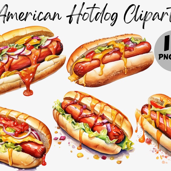 Watercolor American Hotdog Clipart Bundle | Hotdog PNG | Fast Food Digital Images | Hotdog Graphics | Instant Download | Commercial Use