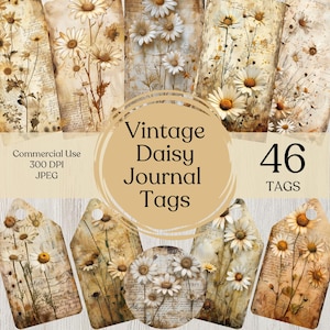 Kit d'étiquettes de journal marguerite indésirable fleur étiquette imprimable en papier vintage, papier artisanal pour journal, papier de scrapbooking, journal numérique, étiquette florale éphémère