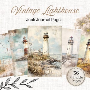 May include: A collection of vintage-style junk journal pages featuring watercolor illustrations of lighthouses. The pages showcase various lighthouse designs with coastal and nautical themes, with the text "Vintage Lighthouse" and "Junk Journal Pages". The image also includes the text "36 Printable Pages".