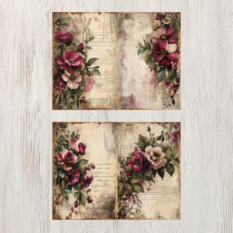 Burgundy Floral Junk Journal Pages Flower Printable Flower Paper Craft ...
