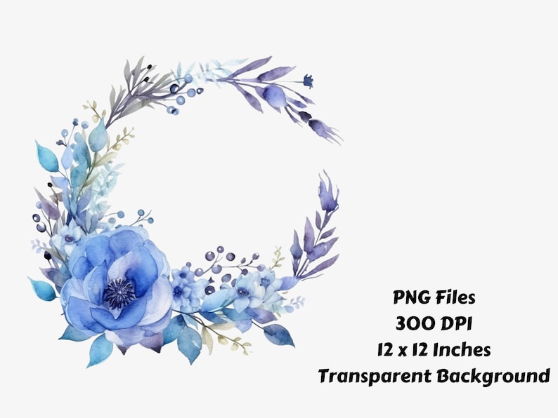 Watercolor Blue Floral Wreath Clipart | Floral Wreath Digital Images ...
