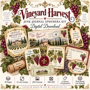 Peut inclure: Un kit d'éphémères pour journal créatif Vineyard Harvest en téléchargement numérique avec des vignes, des étiquettes de vin, un bouchon et un sceau de cire. Texte incluant Vineyard Harvest, Château Bellevue, Vitis Vinifera et Wine Tasting.