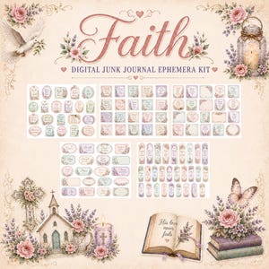 May include: A digital junk journal ephemera kit titled Faith, featuring a collection of floral-themed labels, tags, and bookmarks. The set includes illustrations of a dove, a lantern, a church, a cross, and an open book with the text His love never fails.
