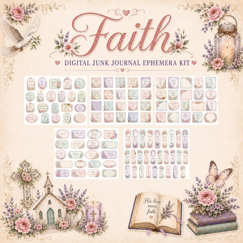 May include: A digital junk journal ephemera kit titled Faith, featuring a collection of floral-themed labels, tags, and bookmarks. The set includes illustrations of a dove, a lantern, a church, a cross, and an open book with the text His love never fails.