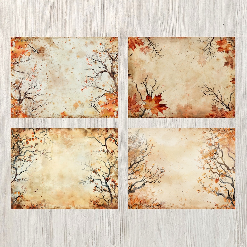 May include: Four digital printable cards with a watercolor background featuring autumn leaves and branches. The cards have a vintage, aged look with a light brown background and brown, orange, and red leaves.
