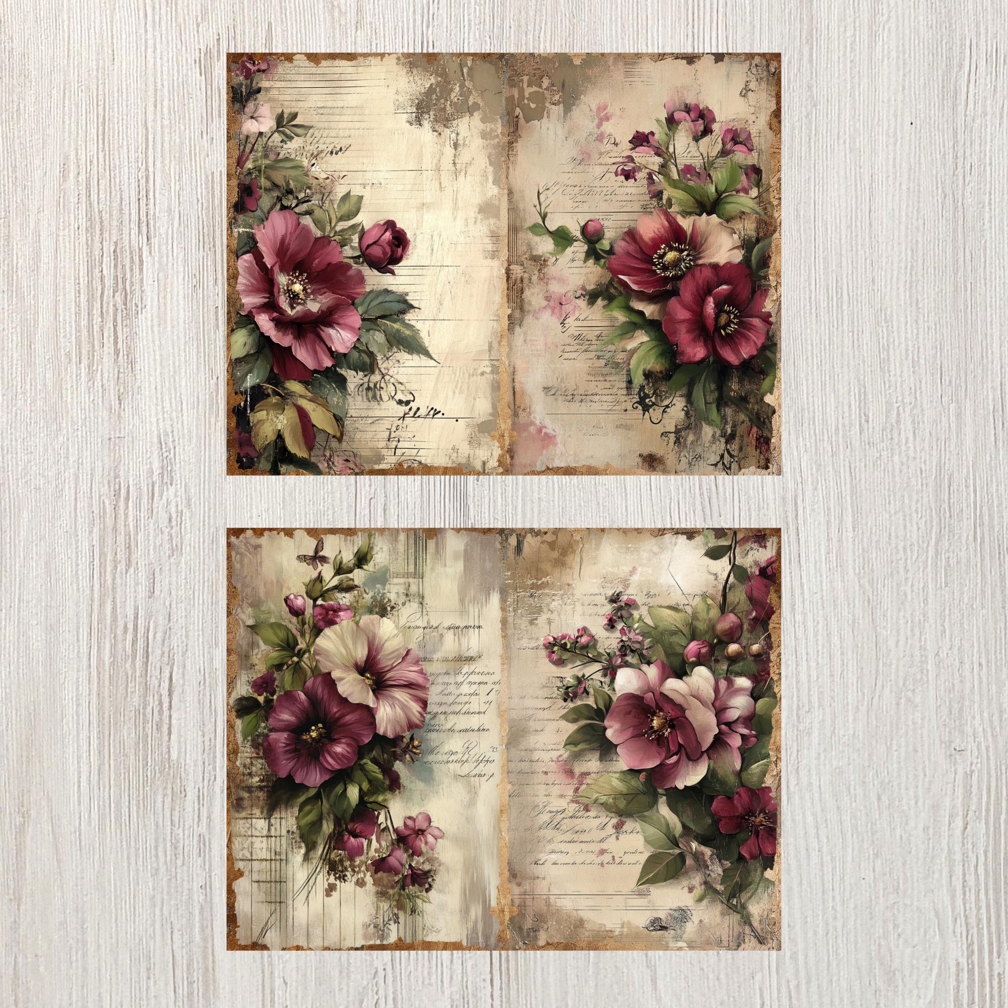 Burgundy Floral Junk Journal Pages Flower Printable Flower Paper Craft ...