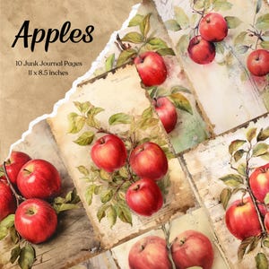 Páginas imprimibles de Apple Junk Journal, papel vintage para manualidades, papel para diario, papel para álbum de recortes de frutas, descarga digital, tarjeta de fondo para diario