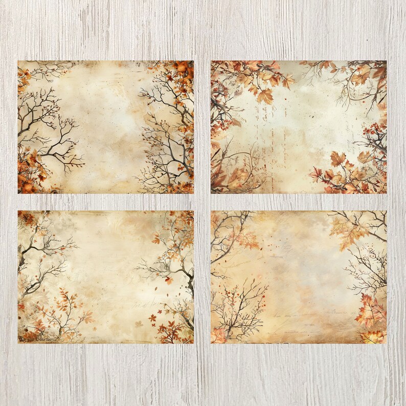 May include: Four digital paper backgrounds featuring a vintage, textured look with brown and orange autumn leaves and branches.