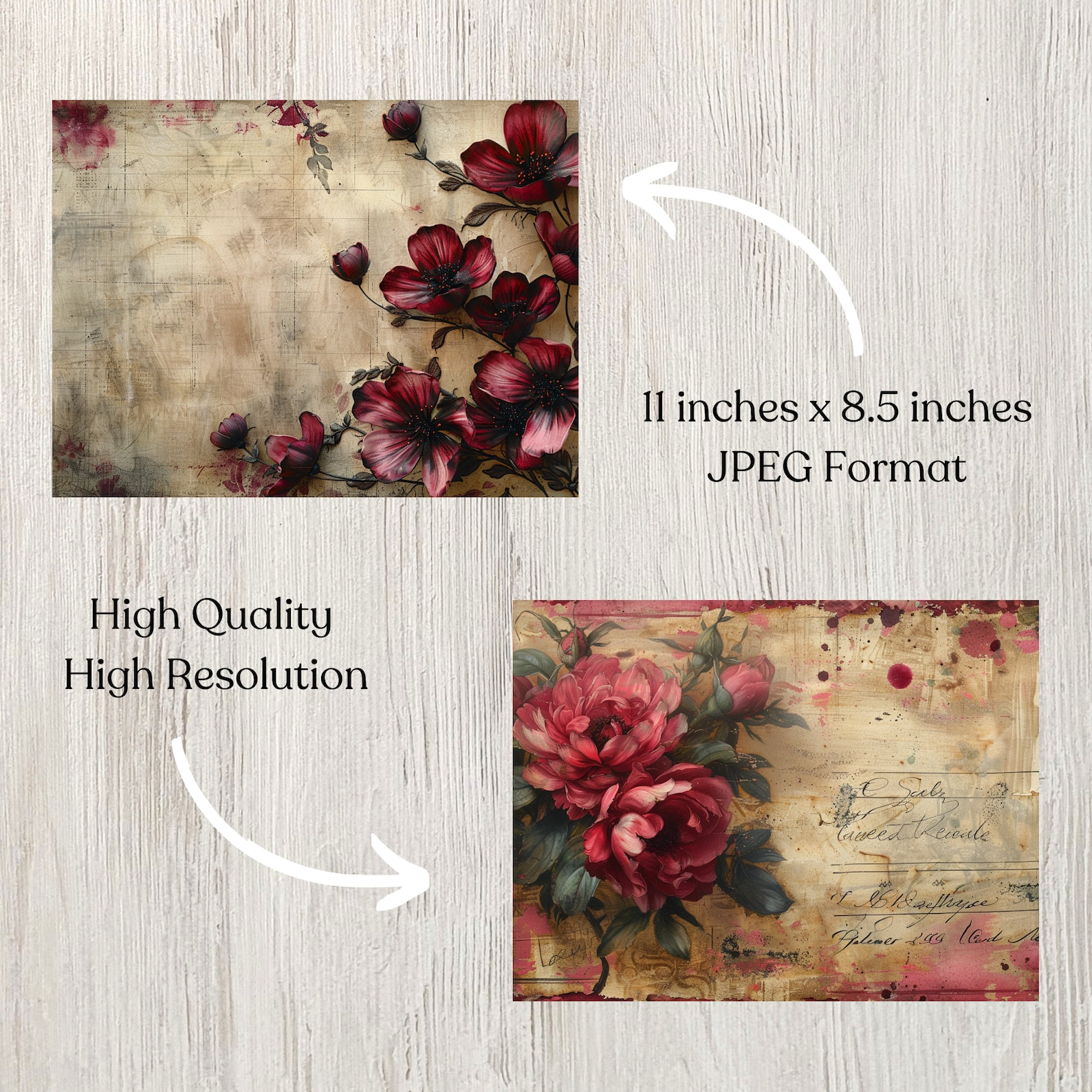Burgundy Floral Junk Journal Pages Flower Printable Flower Paper Craft ...
