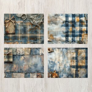 Blårutiga skräpjournalsidor Digitala papper Utskrivbara journalsidor Scrapbook-kort Papperspyssel Shabby chic-textilier Bakgrundsmaterial bild 6