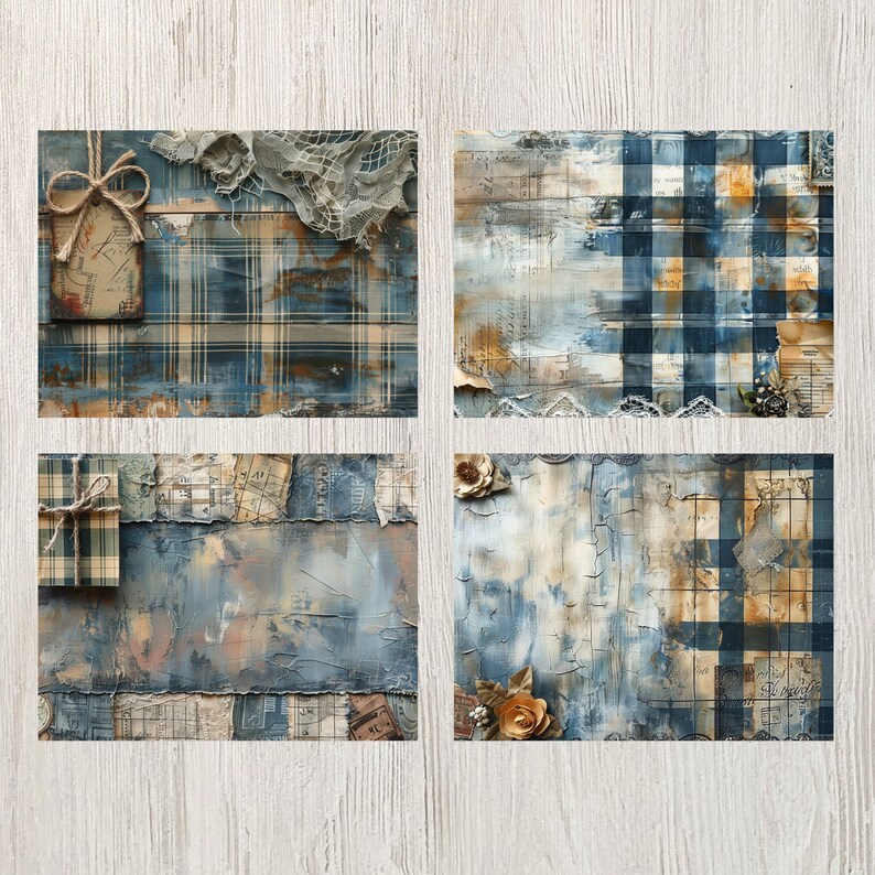 Blårutiga skräpjournalsidor Digitala papper Utskrivbara journalsidor Scrapbook-kort Papperspyssel Shabby chic-textilier Bakgrundsmaterial bild 6