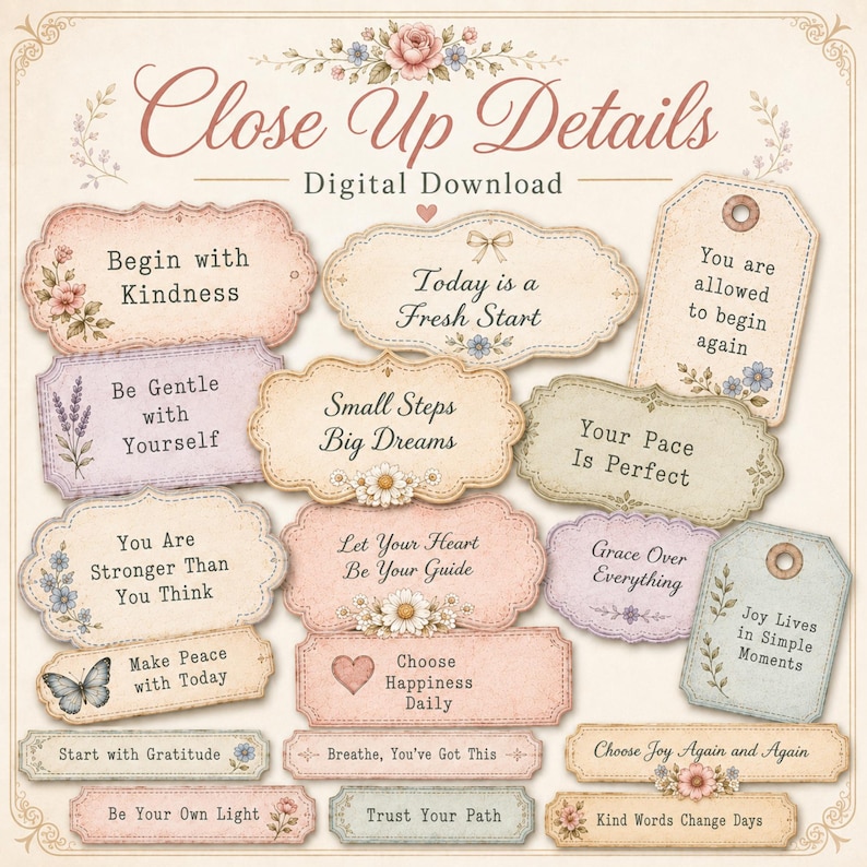 Positive Quotes Junk Journal Ephemera Kit, Vintage Feminine Tags, Labels, Stamps, Journal Cards, Word Strips, Printable JPEG Download Bundle image 2