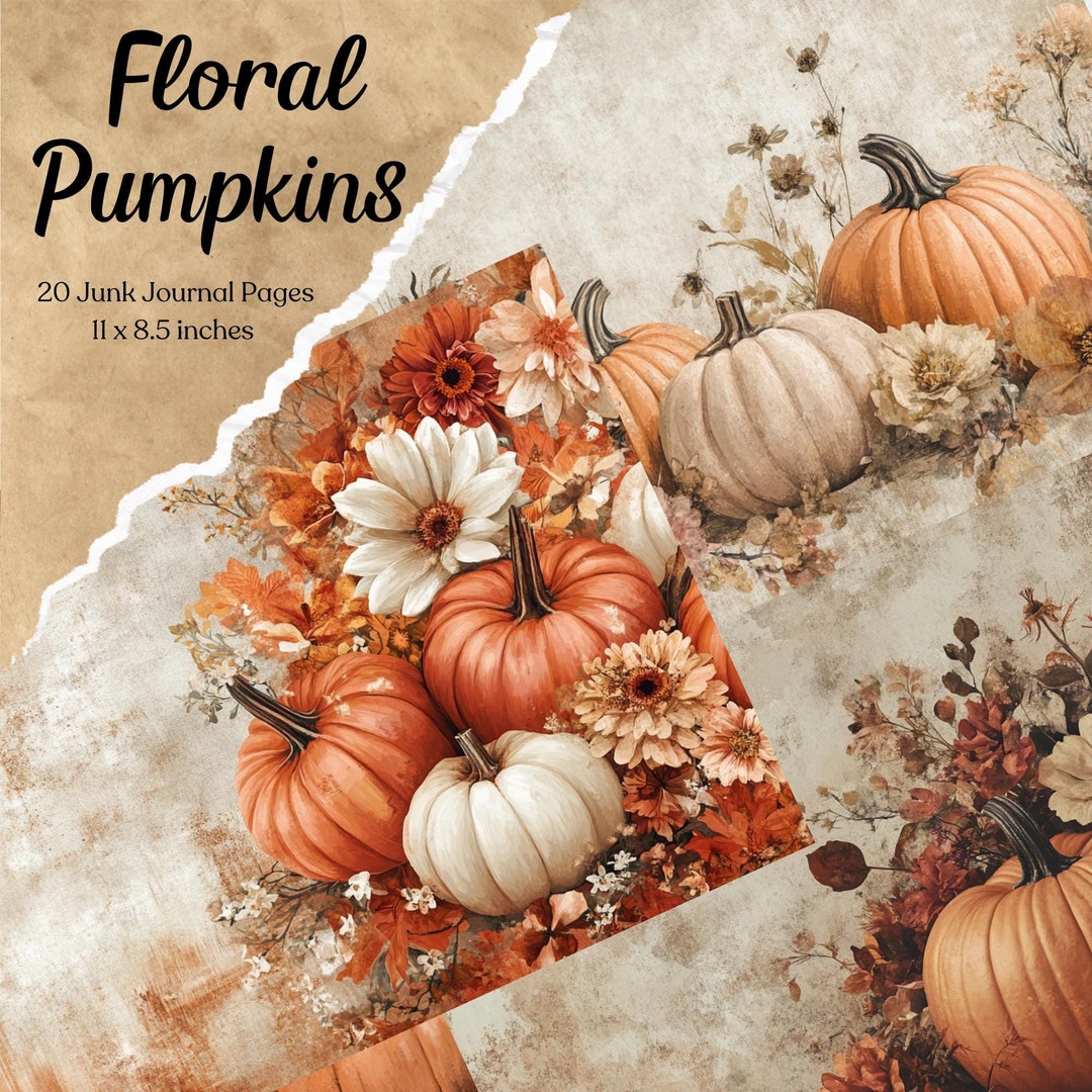Floral Pumpkin Junk Journal Pages Digital Scrapbook Paper Autumn ...